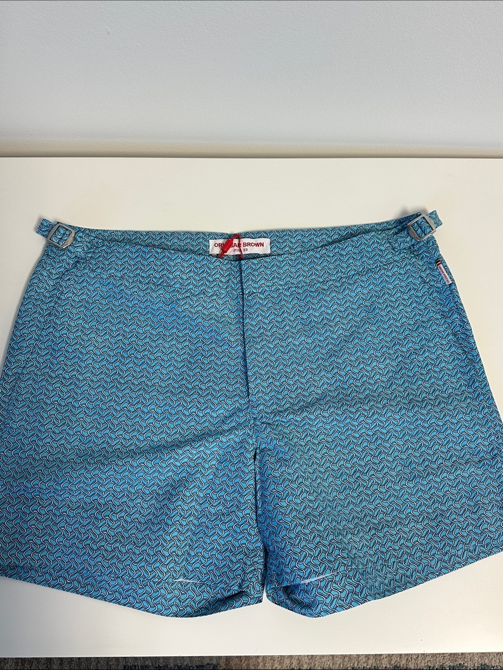 Orlebar Brown Bulldog Exclusive Print Saltwater Blue Swim Shorts Mid-Length 34
